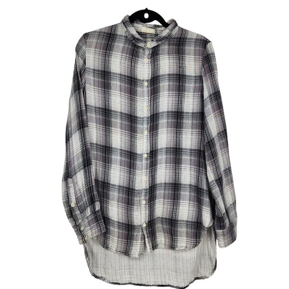 CP Shades Alden Cotton Flannel Plaid Button Down Tunic Top Black/White Large - Picture 1 of 5